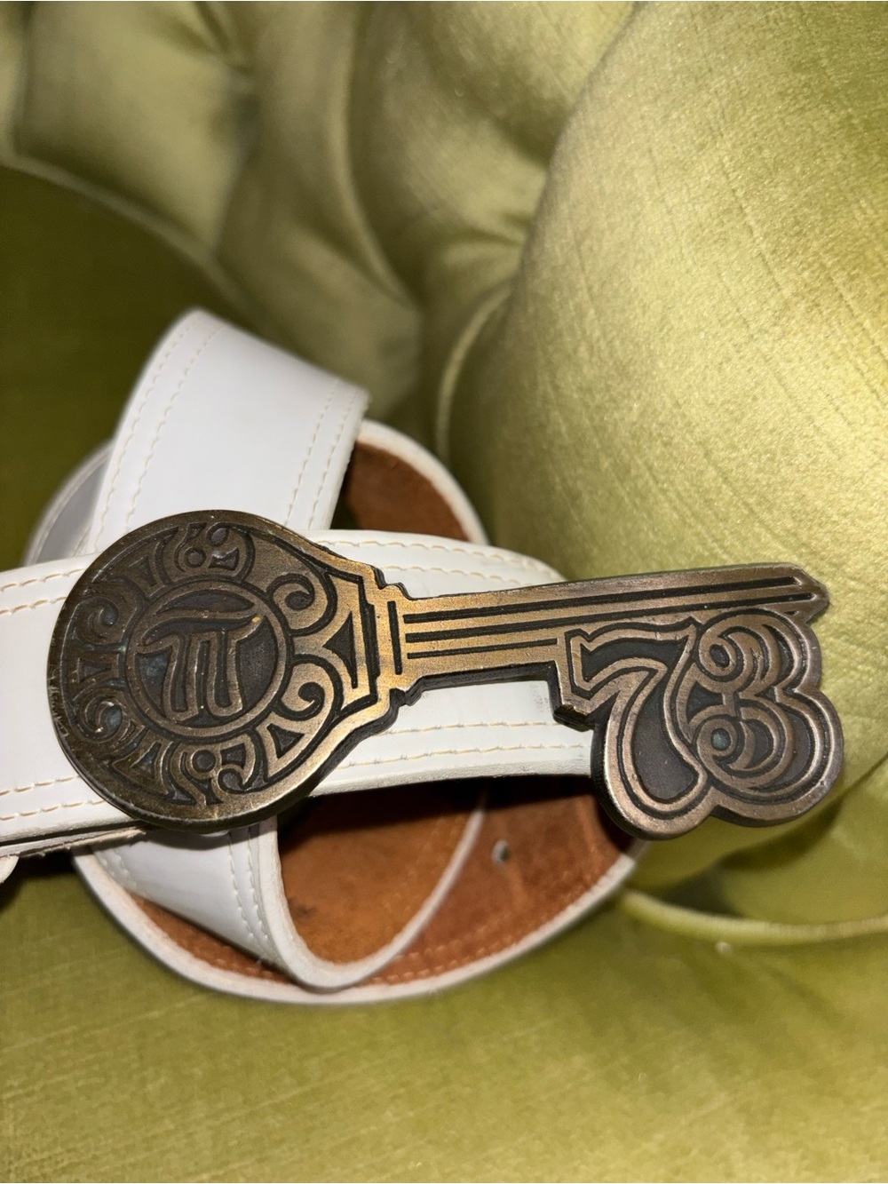 Vintage White /brass key belt /buckle, with the math symbol Pi (π) size 34